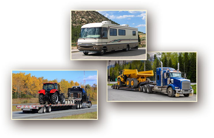 RV, Flatbed Truck, 16-wheeler Truck photo collage