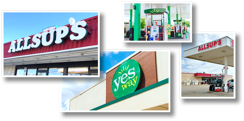 Yesway and Allsup's Store fronts and pump stations